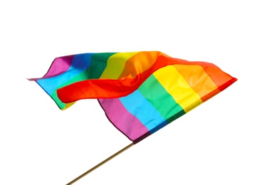 Photo of Bright rainbow gay flag on white background. LGBT community
