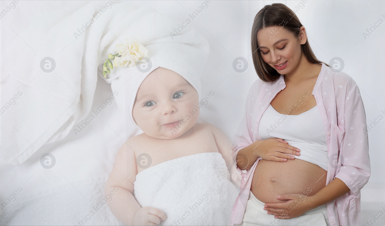 Image of Double exposure of pregnant woman and cute baby