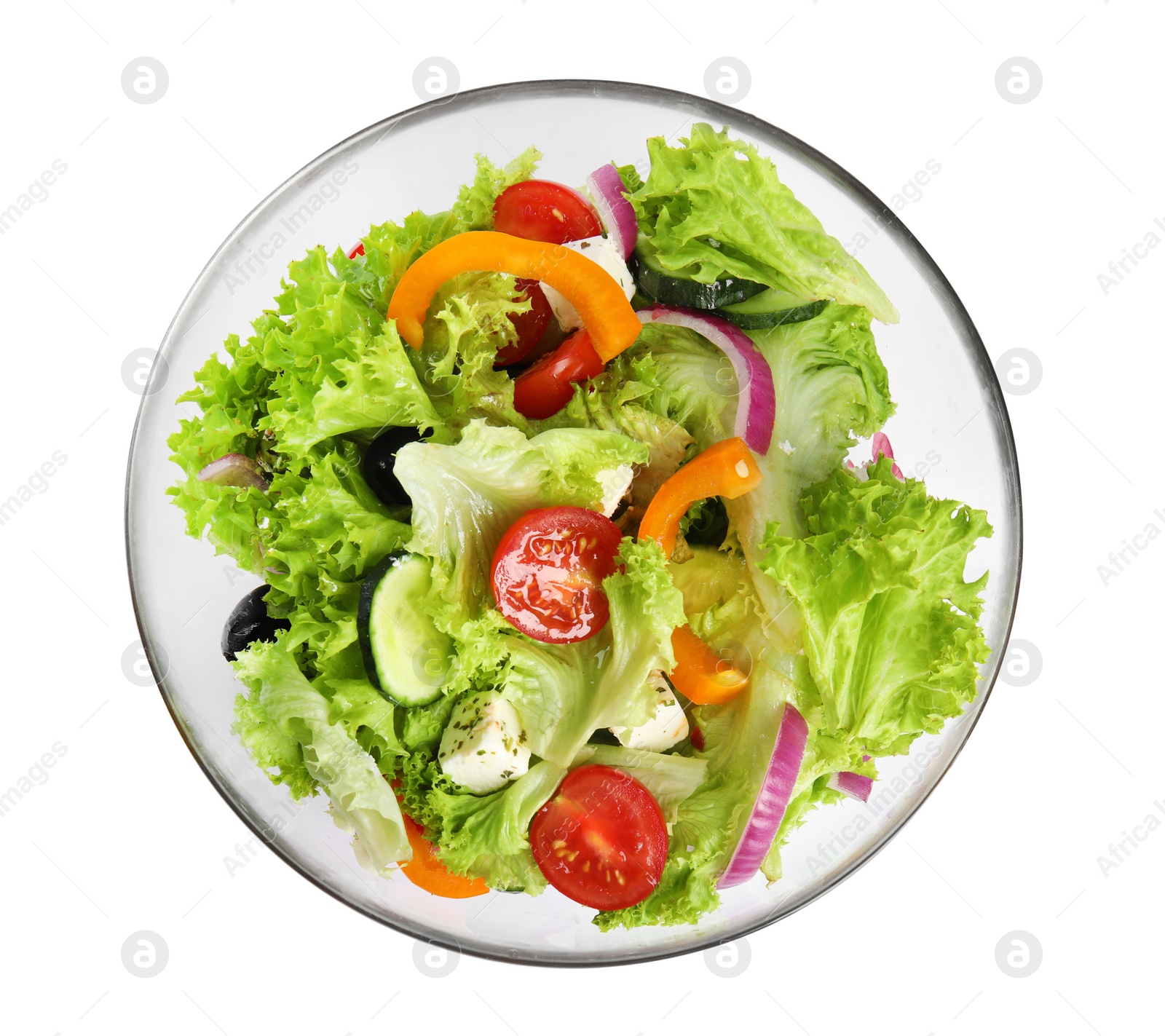 Photo of Tasty fresh Greek salad on white background, top view