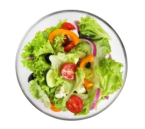 Photo of Tasty fresh Greek salad on white background, top view