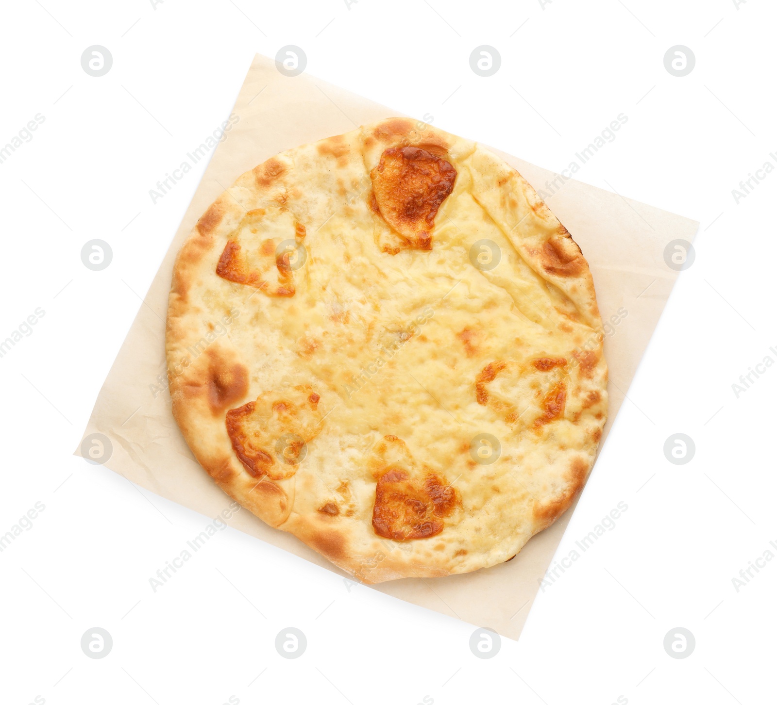 Photo of Delicious khachapuri with cheese on white background, top view