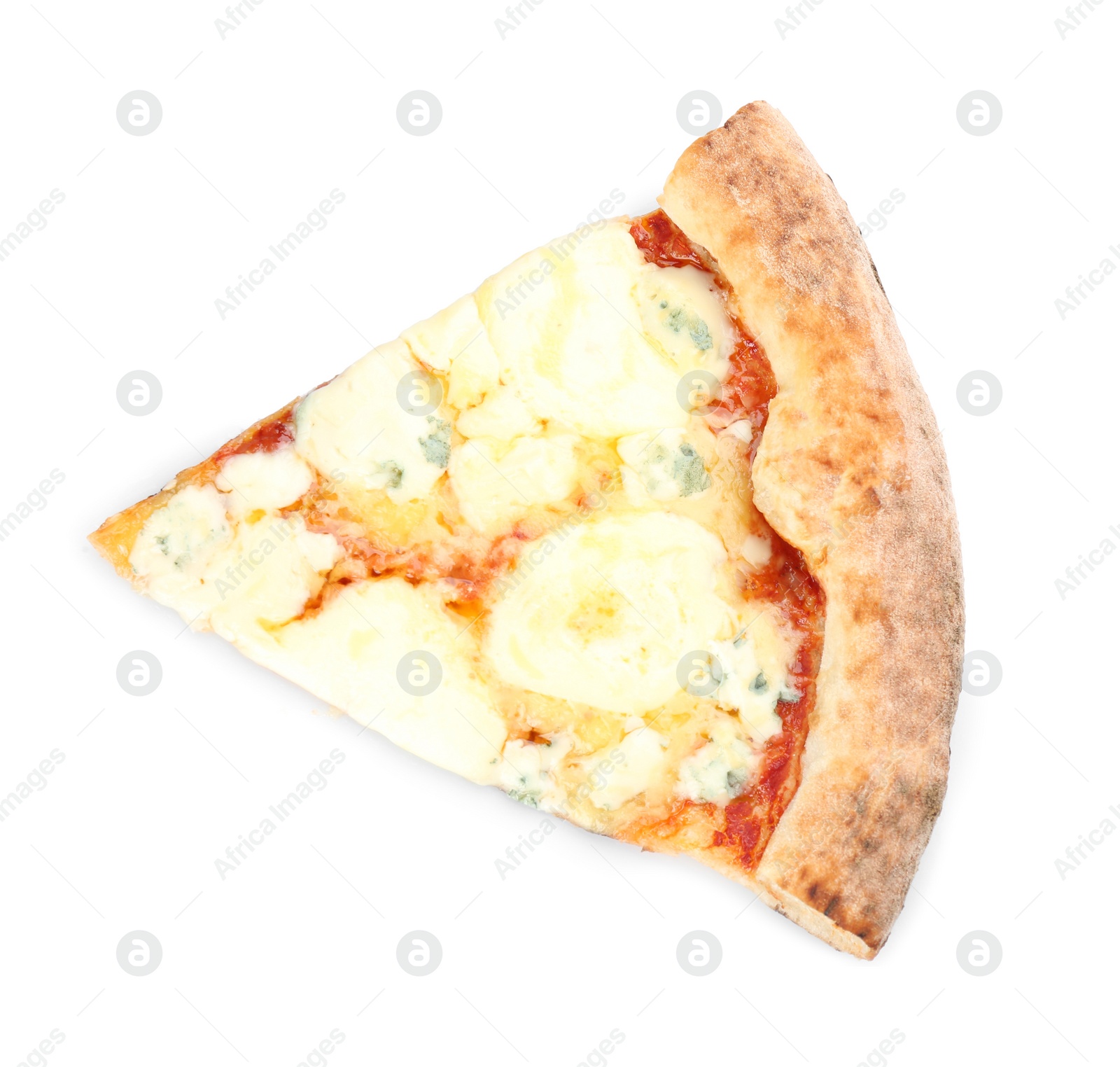 Photo of Slice of delicious pizza on white background, top view