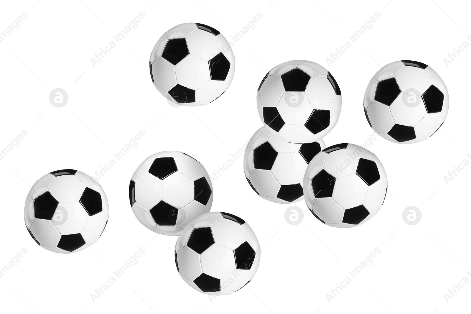 Image of Many soccer balls flying on white background