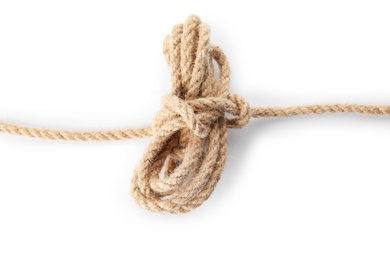 Photo of Bundle of hemp rope on white background