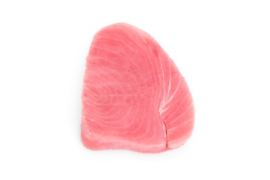 Photo of Fresh raw tuna fillet isolated on white, top view