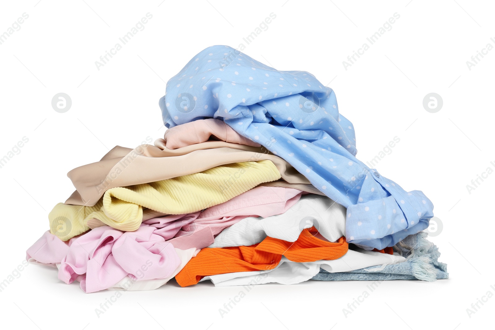 Photo of Pile of colorful clothes isolated on white