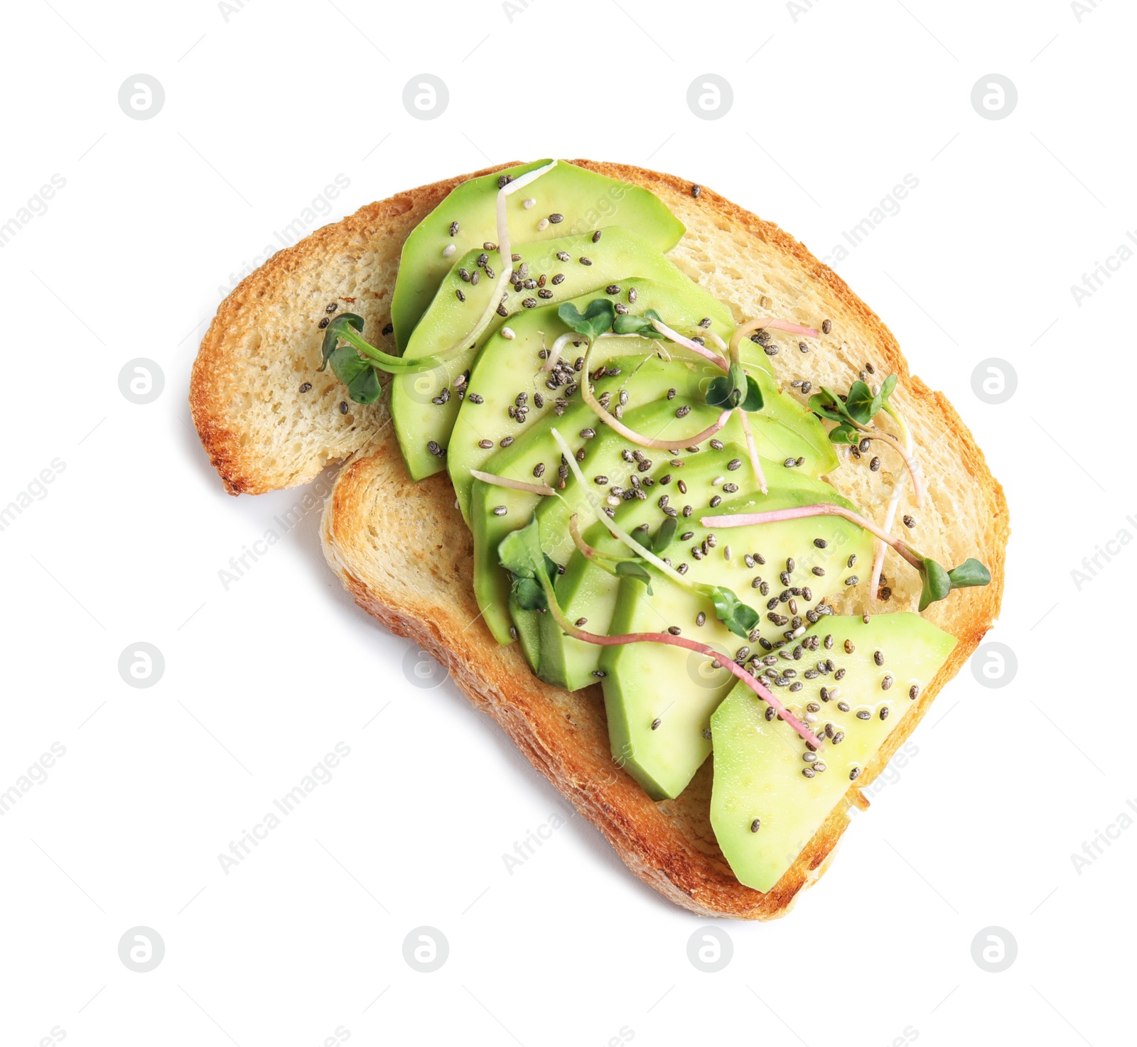 Photo of Tasty toast with avocado, sprouts and chia seeds on white background, top view