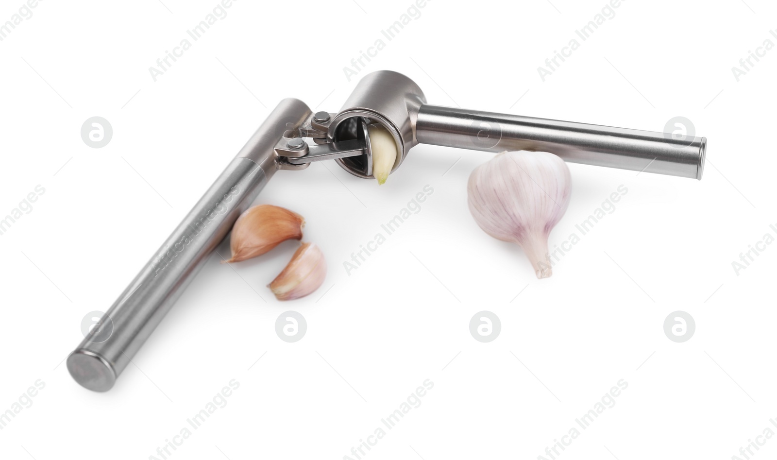 Photo of One metal garlic press and cloves isolated on white