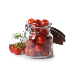 Pickling jar with fresh tomatoes on white background