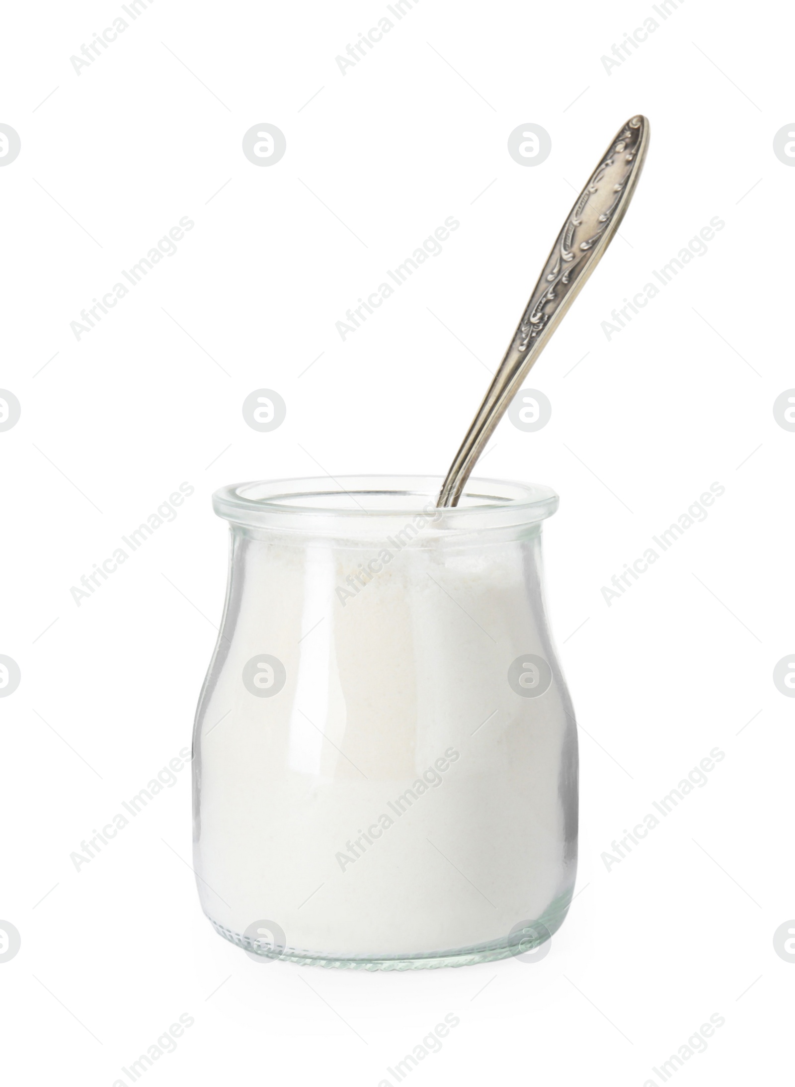 Photo of Baking powder in glass jar and spoon isolated on white