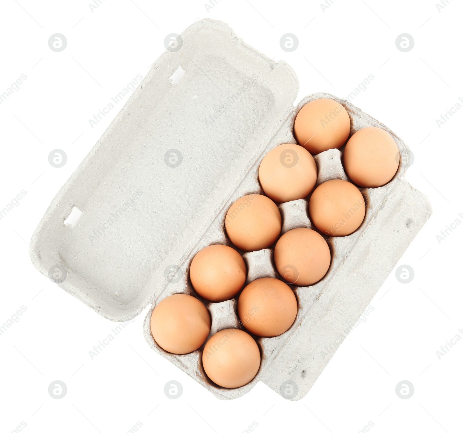 Photo of Raw chicken eggs in carton isolated on white, top view