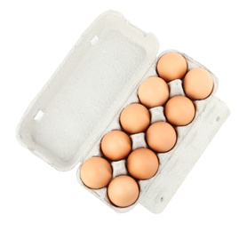 Raw chicken eggs in carton isolated on white, top view