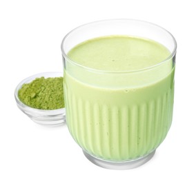 Glass of tasty matcha smoothie and powder isolated on white