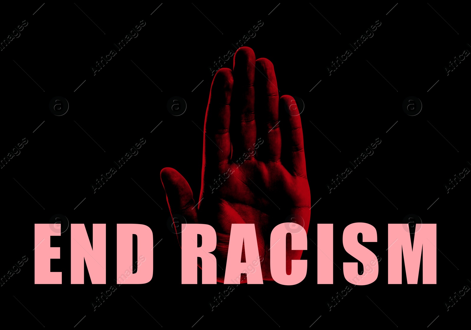 Image of End Racism. Hand print on black background