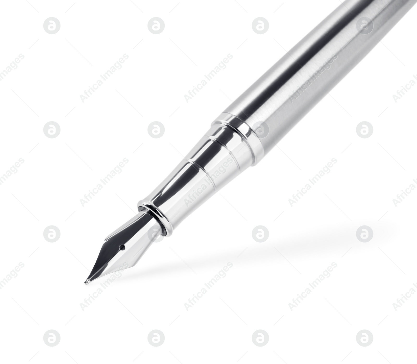 Photo of Stylish silver fountain pen isolated on white