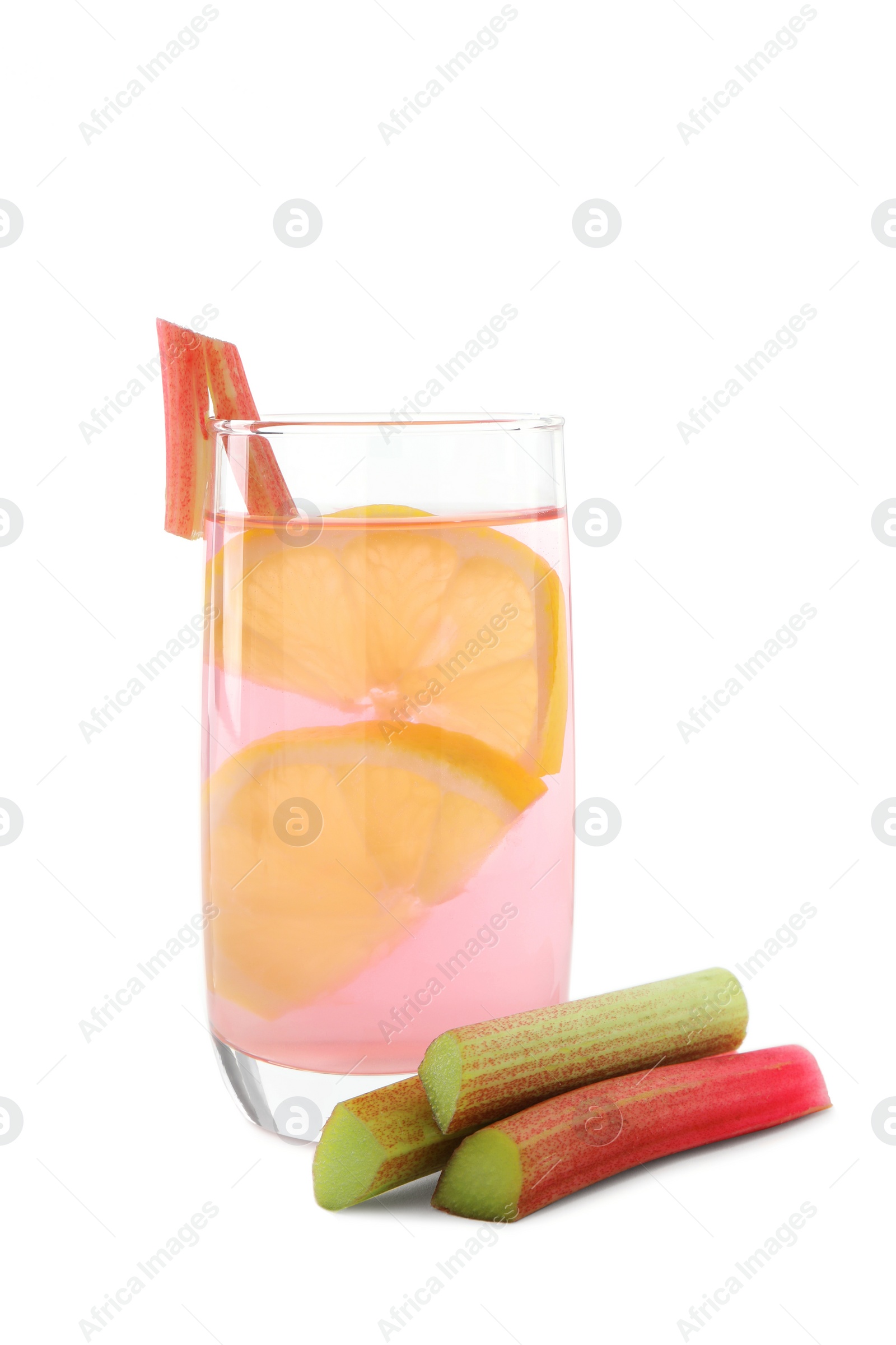 Photo of Glass of tasty rhubarb cocktail with lemon isolated on white