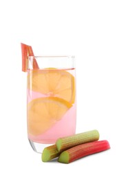 Glass of tasty rhubarb cocktail with lemon isolated on white