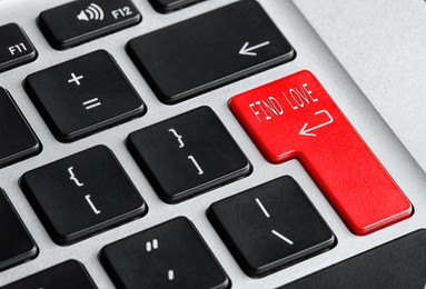 Image of Online dating. Red button with words Find Love on computer keyboard, closeup