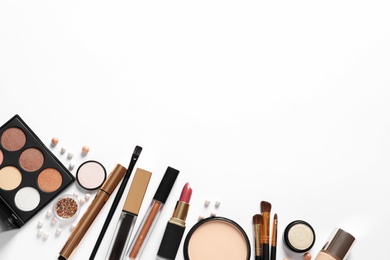 Photo of Different luxury makeup products on white background, top view