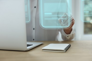 Image of Concept of electronic signature. Woman working on laptop at table indoors, closeup