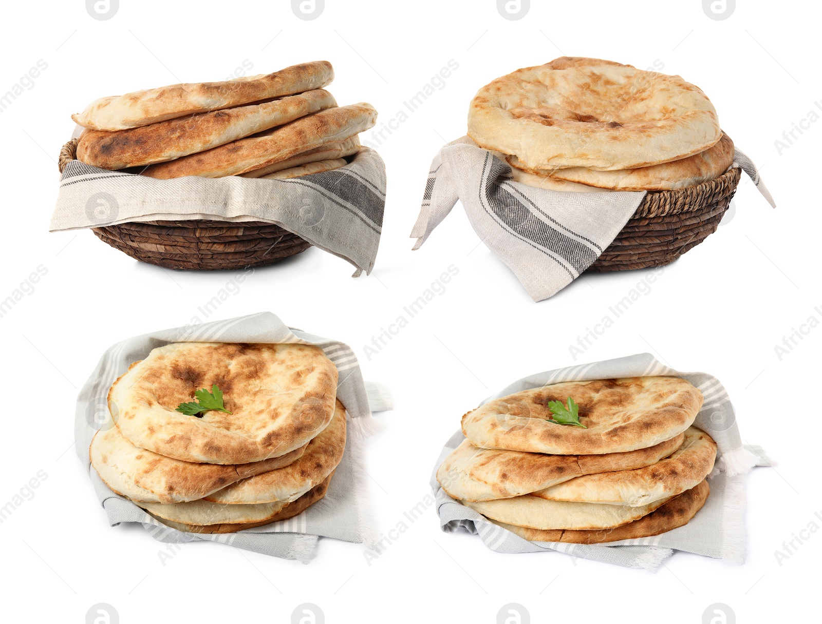 Image of Set with tasty pitas on white background