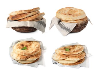 Image of Set with tasty pitas on white background