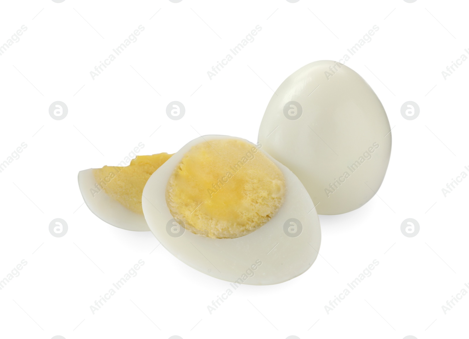 Photo of Peeled hard boiled quail eggs on white background