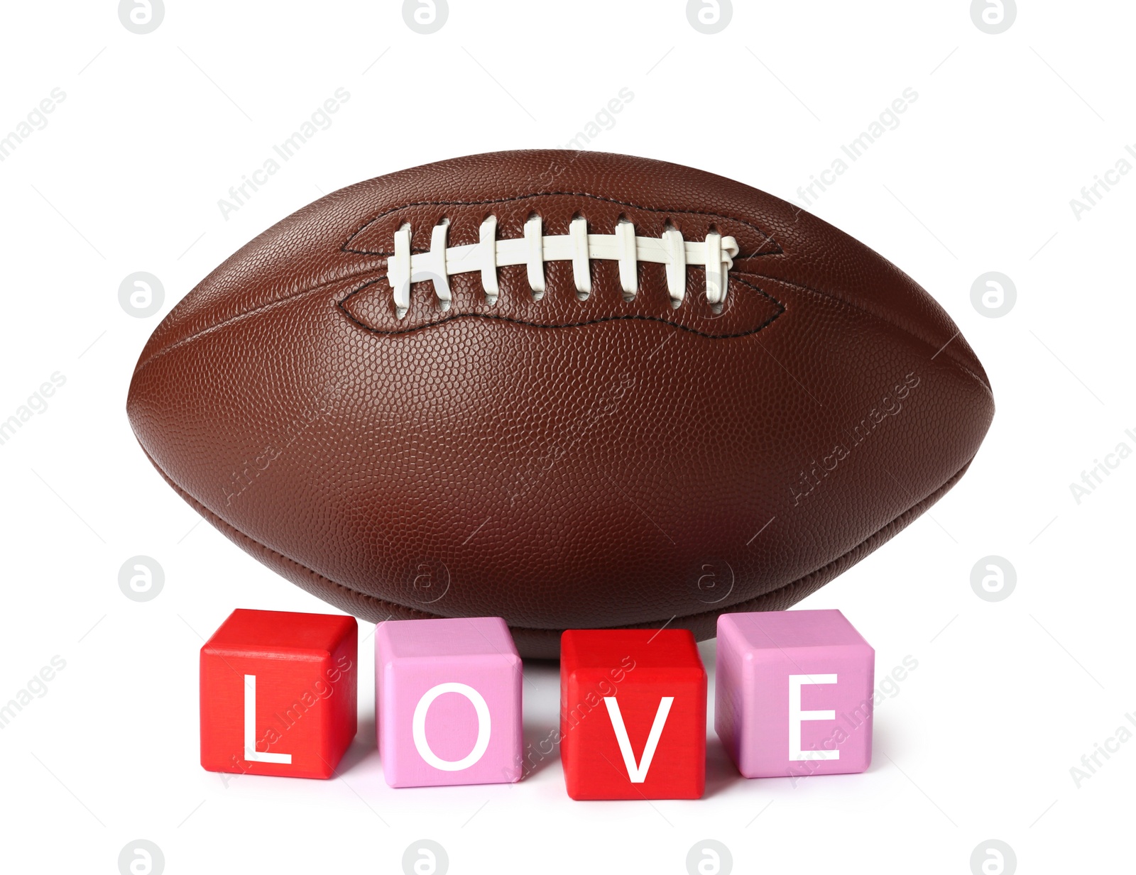 Photo of American football ball and cubes with word Love on white background