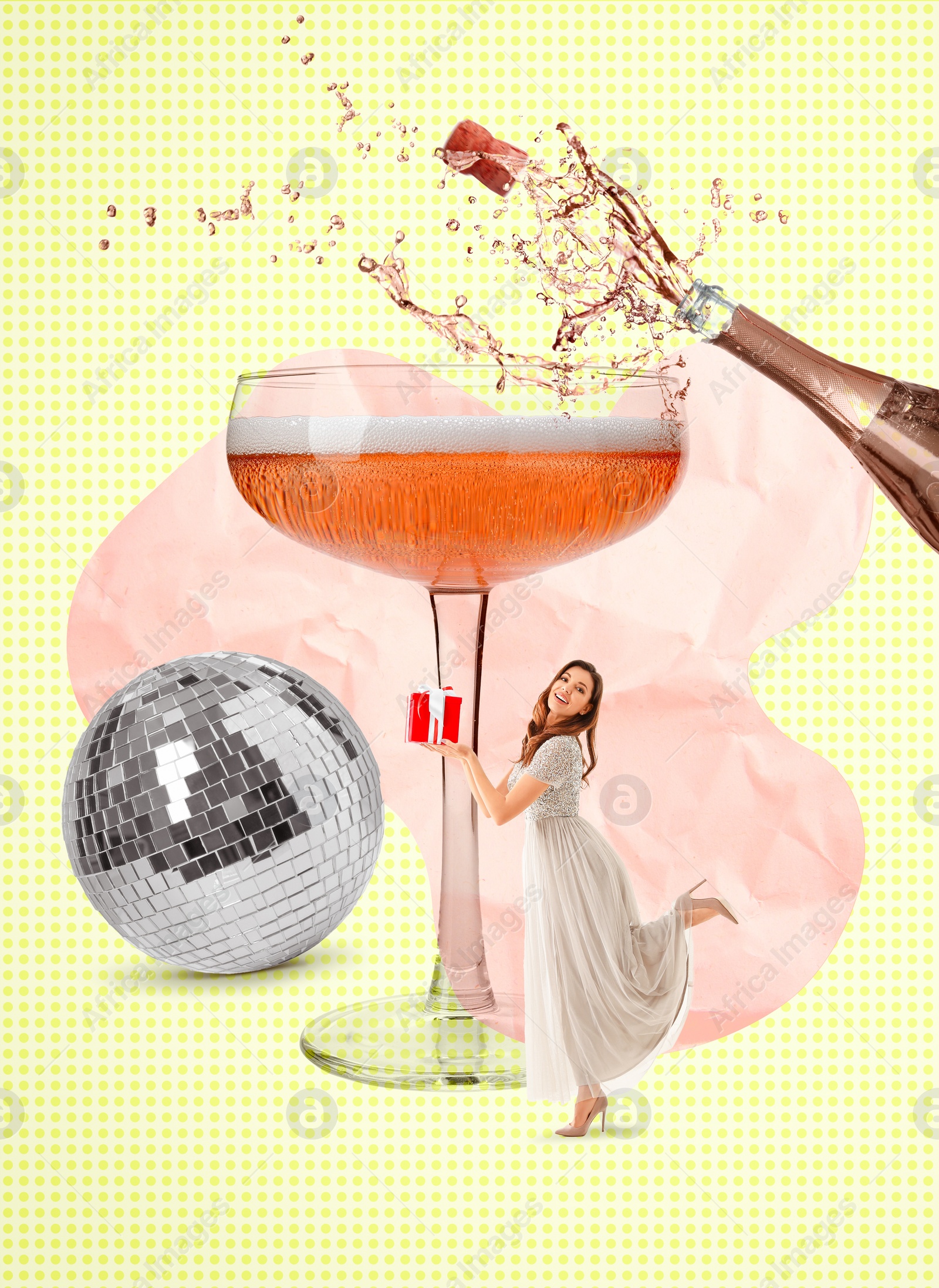 Image of Winter holidays art collage. Woman with Christmas gift, glass of sparkling wine and disco ball on color background