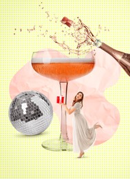Image of Winter holidays art collage. Woman with Christmas gift, glasssparkling wine and disco ball on color background