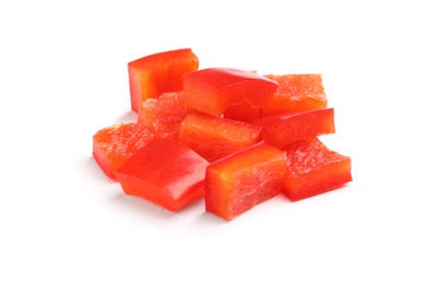 Slices of ripe red bell pepper on white background