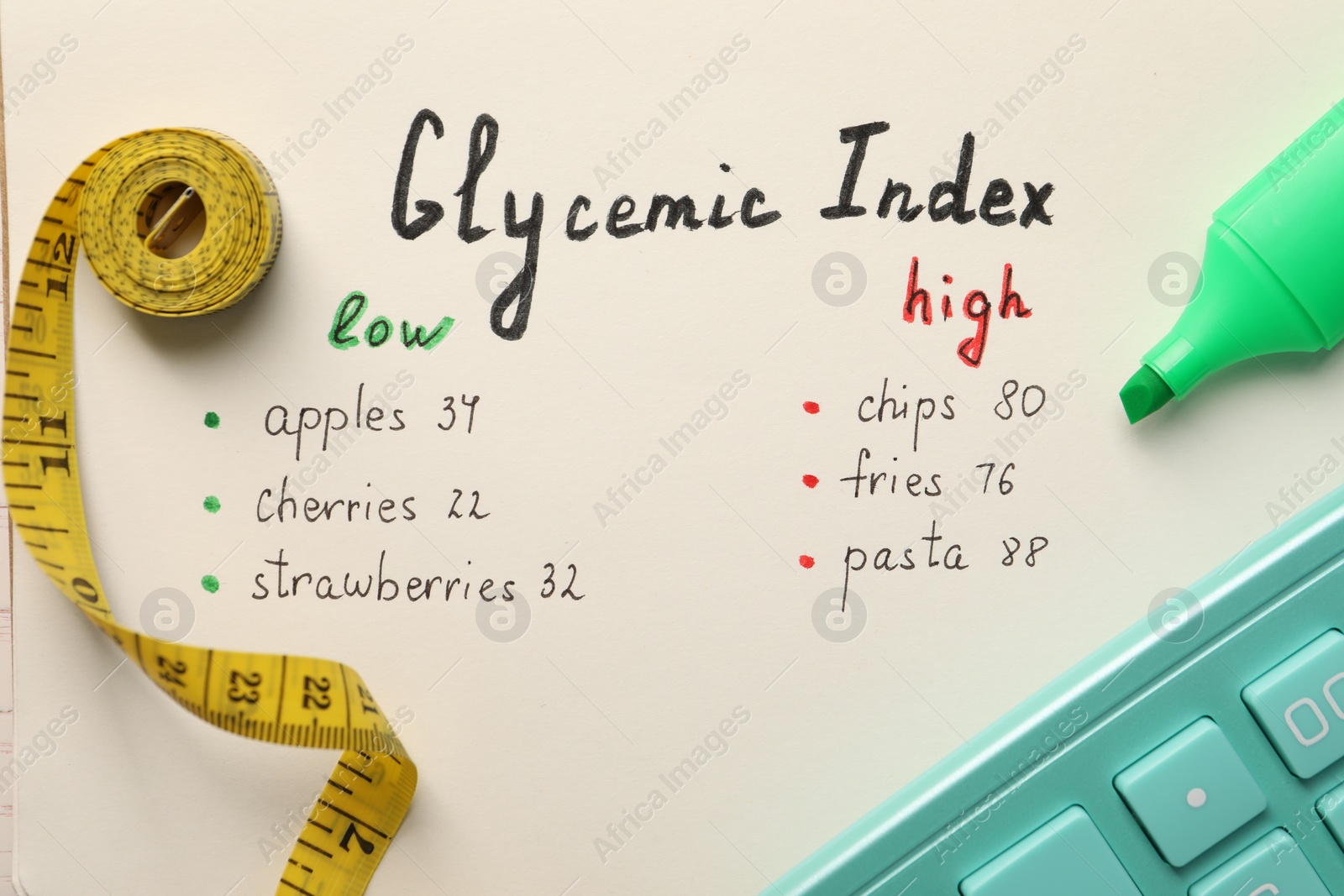 Photo of List with products of low and high glycemic index, marker, measuring tape and calculator, top view