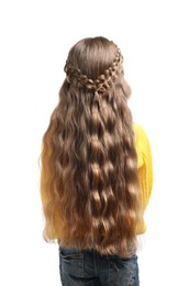 Little girl with braided hair on white background, back view