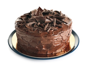 Plate with tasty homemade chocolate cake on white background