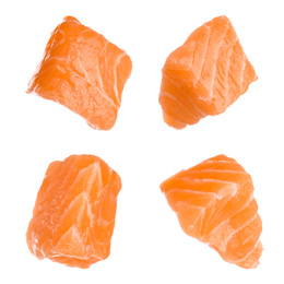 Set with pieces of fresh raw salmon on white background. Fish delicacy