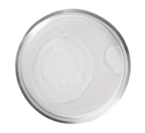 Petri dish with liquid sample isolated on white, top view