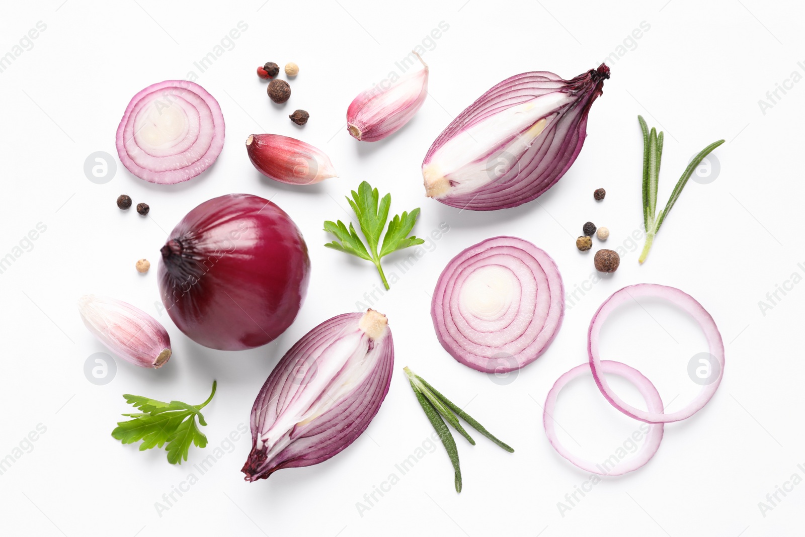 Photo of Flat lay composition with cut onion and spices on white background