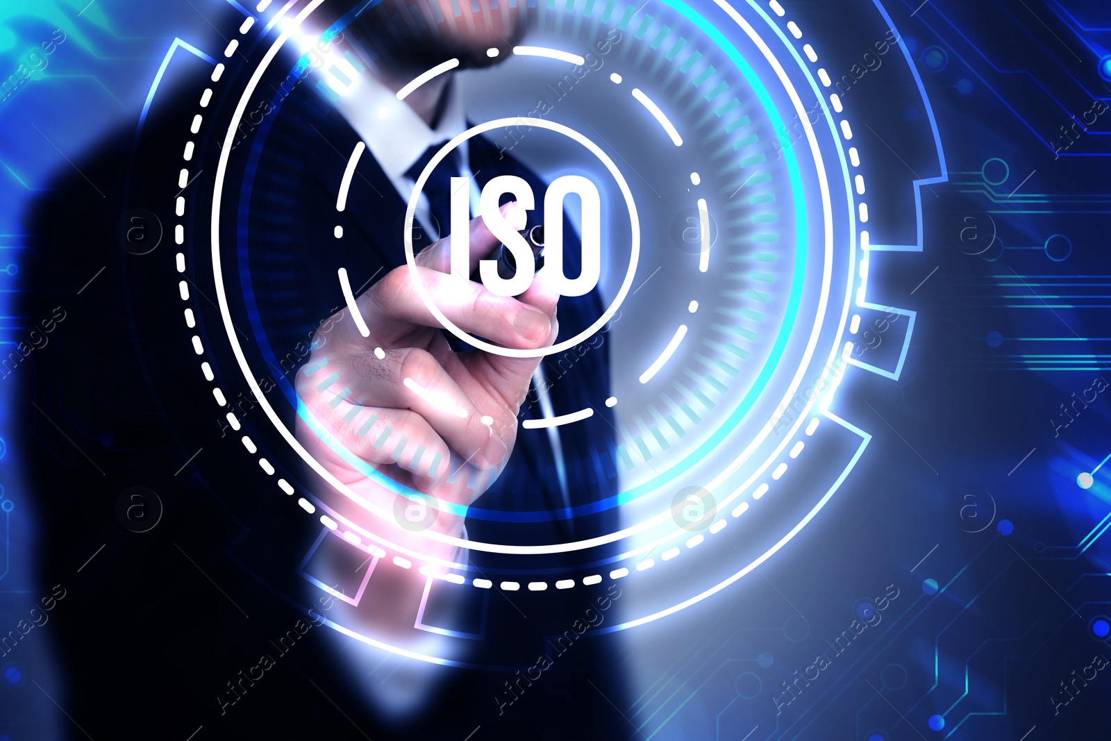 Image of Man pointing at virtual screen with abbreviation ISO, closeup