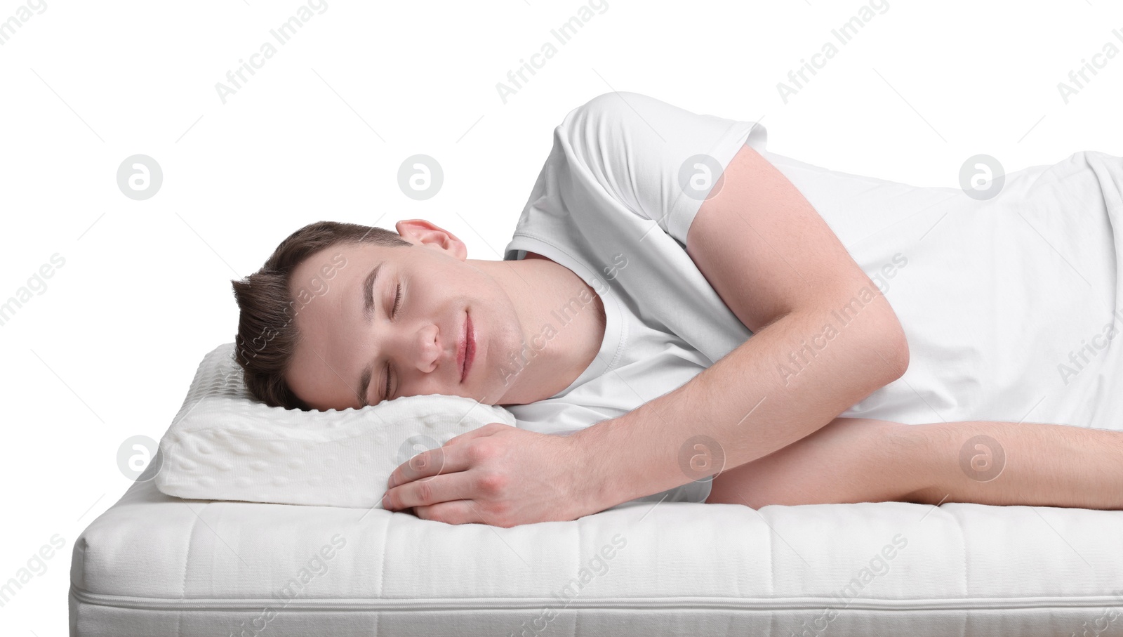 Photo of Man sleeping on orthopedic pillow against white background