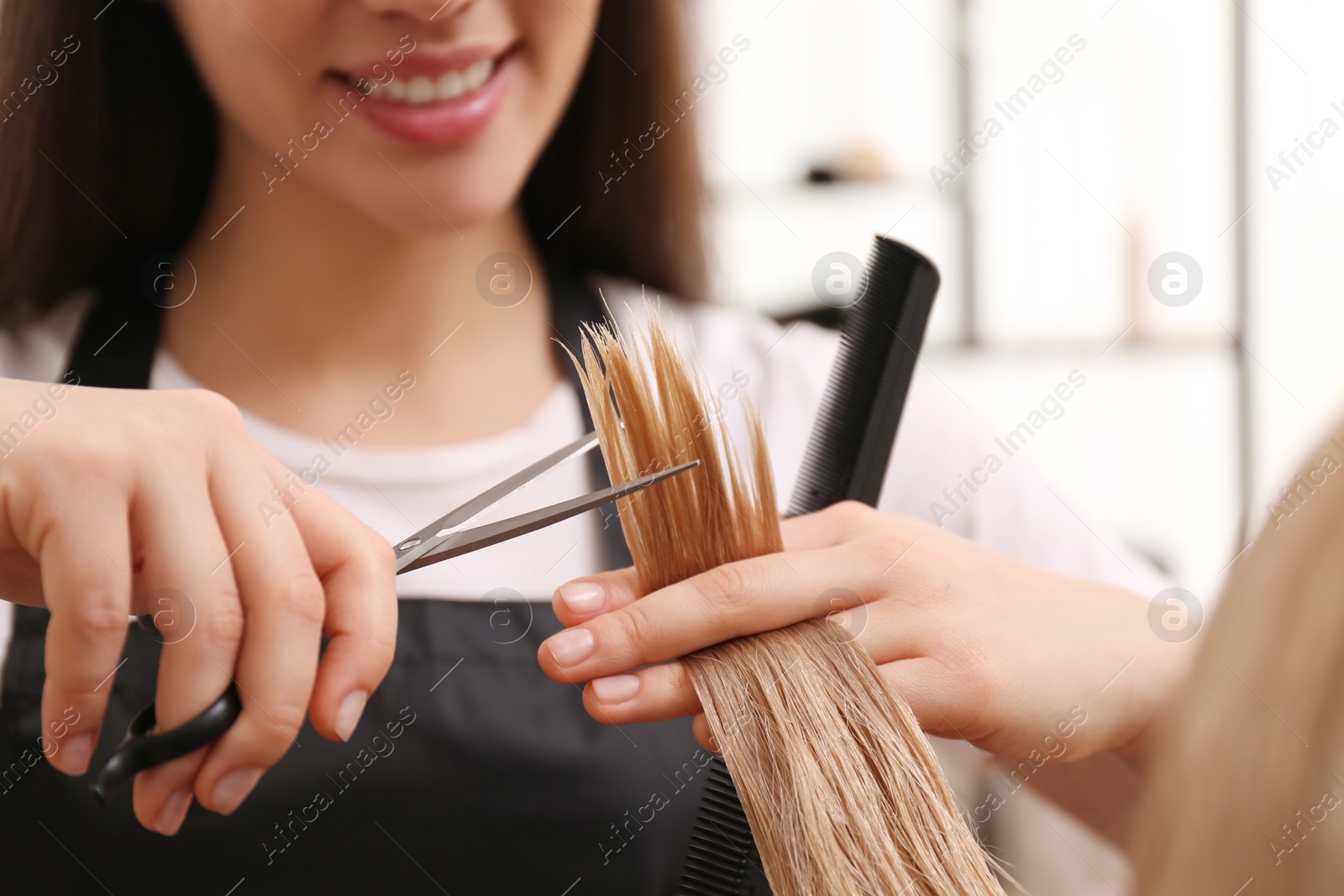 Photo of Stylist cutting hair of client in professional salon, closeup