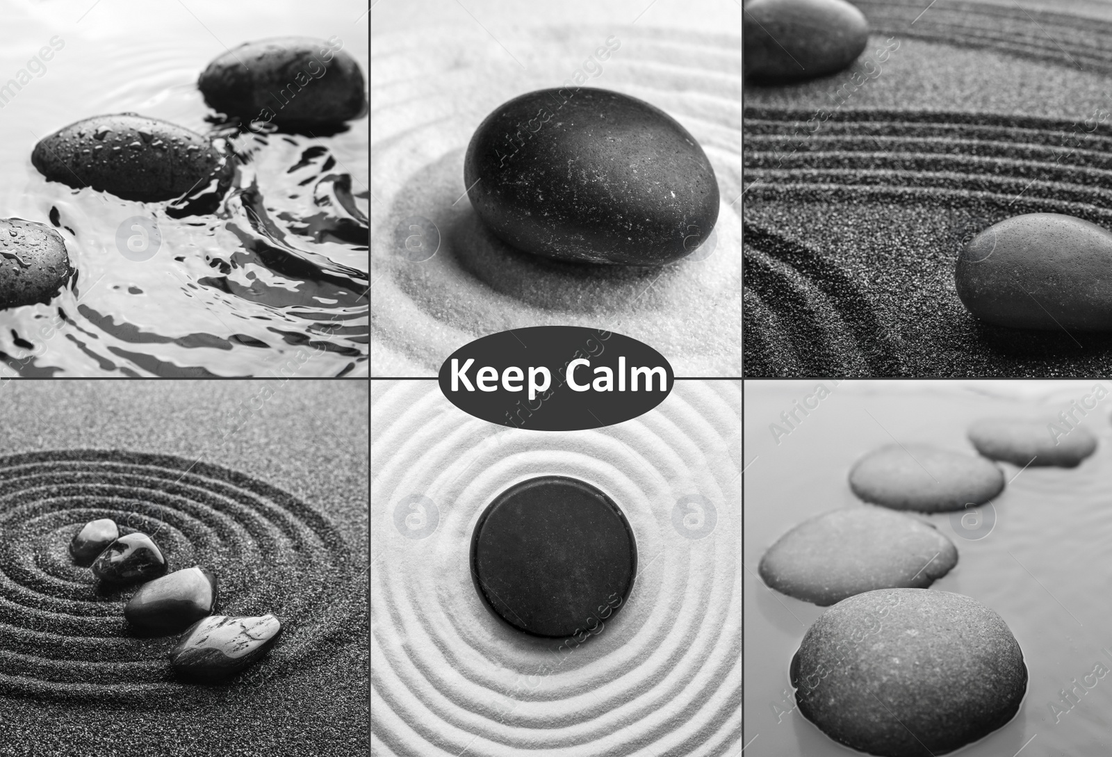 Image of Collage with photos of black stones. Zen and harmony