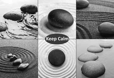 Image of Collage with photos of black stones. Zen and harmony