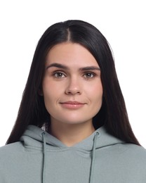 Image of Passport photo. Portrait of young woman on white background