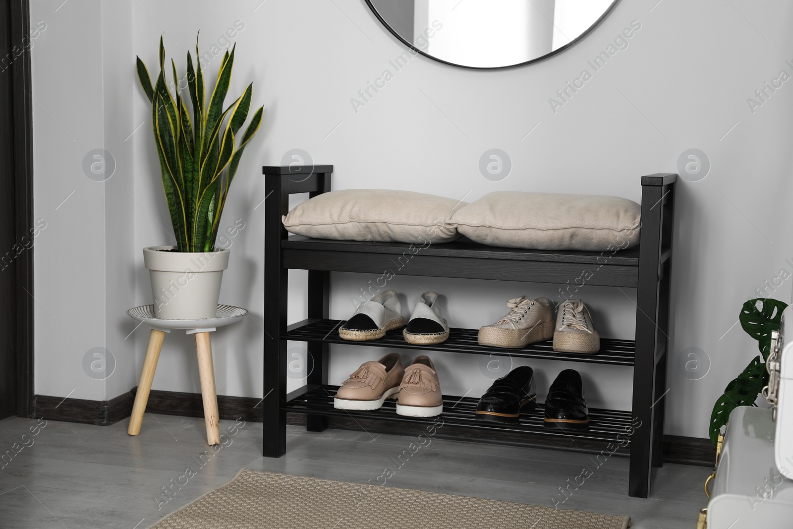 Photo of Hallway interior with shoe storage bench and houseplant