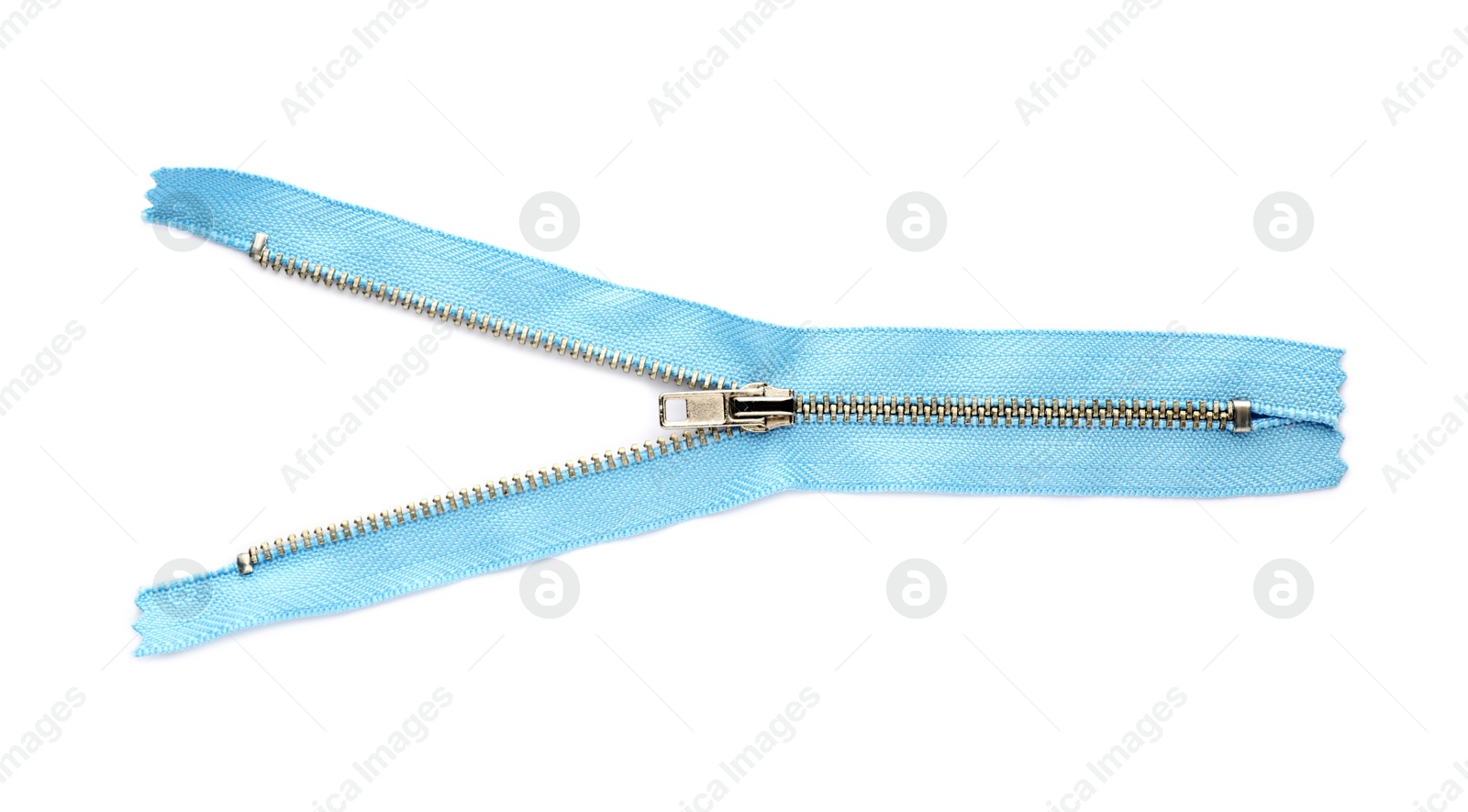 Photo of Light blue zipper isolated on white, top view