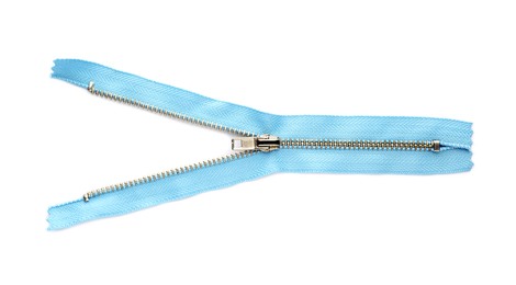 Photo of Light blue zipper isolated on white, top view