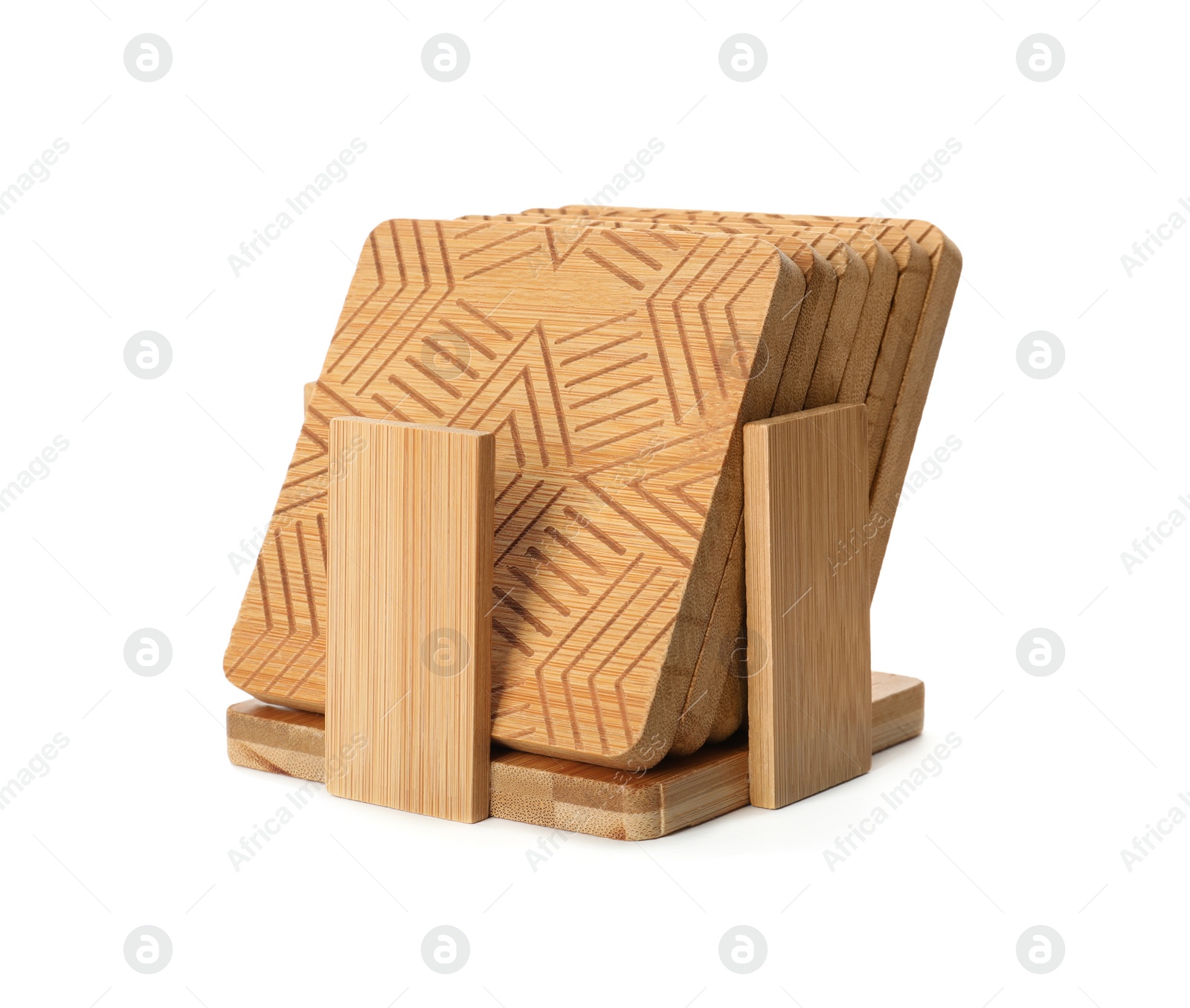 Photo of Stylish wooden cup coasters and holder on white background