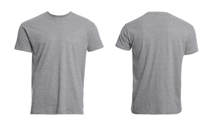 Image of Grey t-shirt with space for design isolated on white. Back and front views