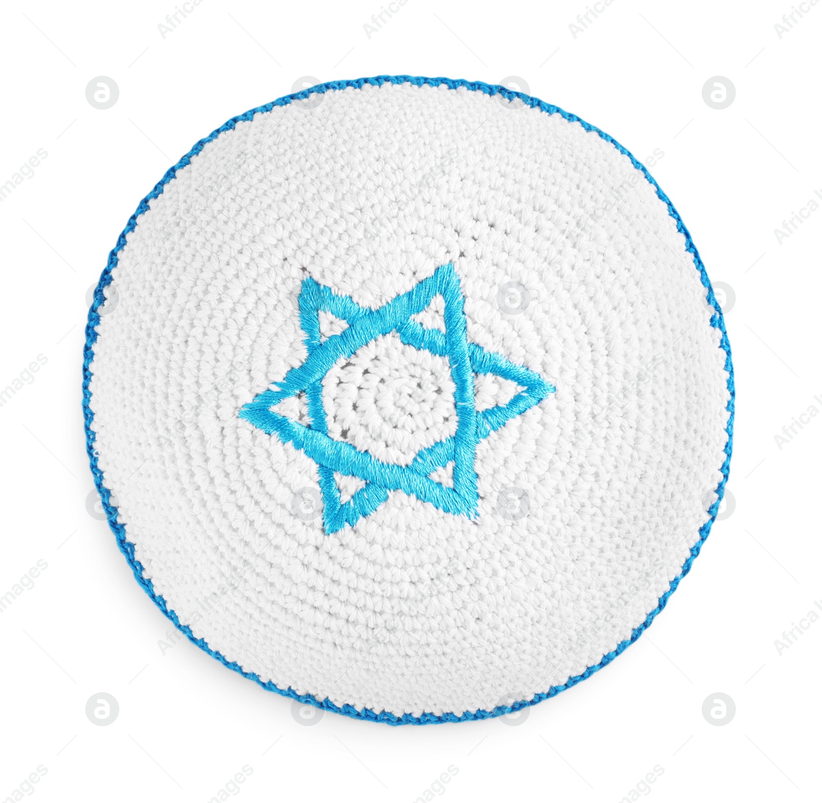 Photo of Kippah with David's star isolated on white, top view. Garment for Rosh Hashanah