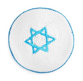 Photo of Kippah with David's star isolated on white, top view. Garment for Rosh Hashanah